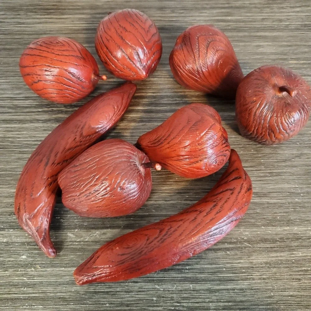 Faux Woodgrain Fruit Fake Apples, Pears, Peaches, Bananas - Lot Of 8 MCM